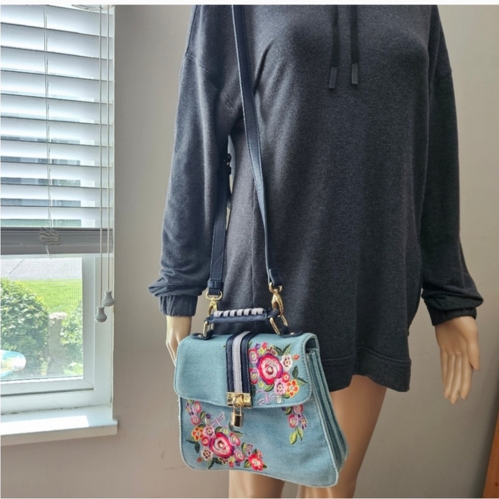Floozie crossbody bag by Frost French blue denim jean embroidered floral - Picture 3 of 13